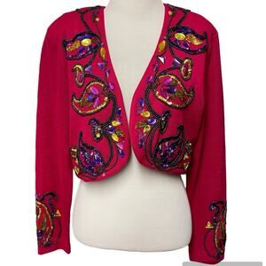 Outlander Vintage Wool Bolero Jacket Medium 80s 90s Beaded Jewel Pink Fancy